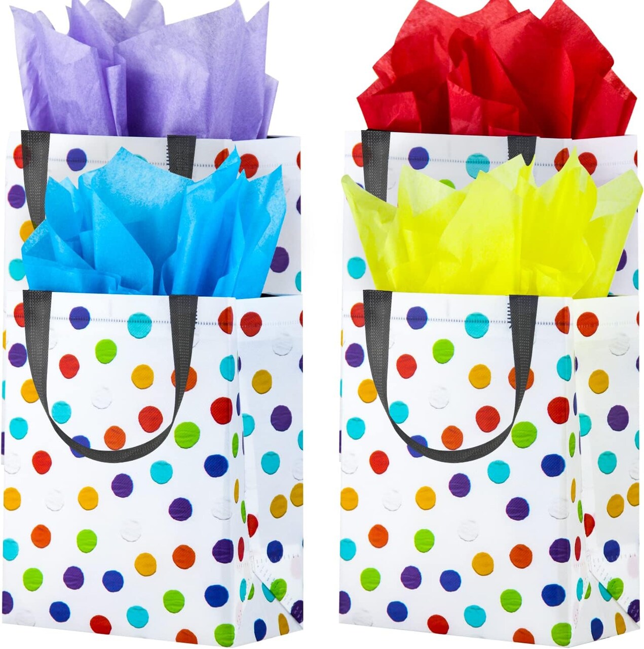 16 PCS Medium Rainbow Polka Dot Reusable Gift Bags with Tissue Paper – Party Favor Bags for Birthdays, Baby Showers, Weddings, Holidays & Shopping (10" x 7.6" x 3.9")